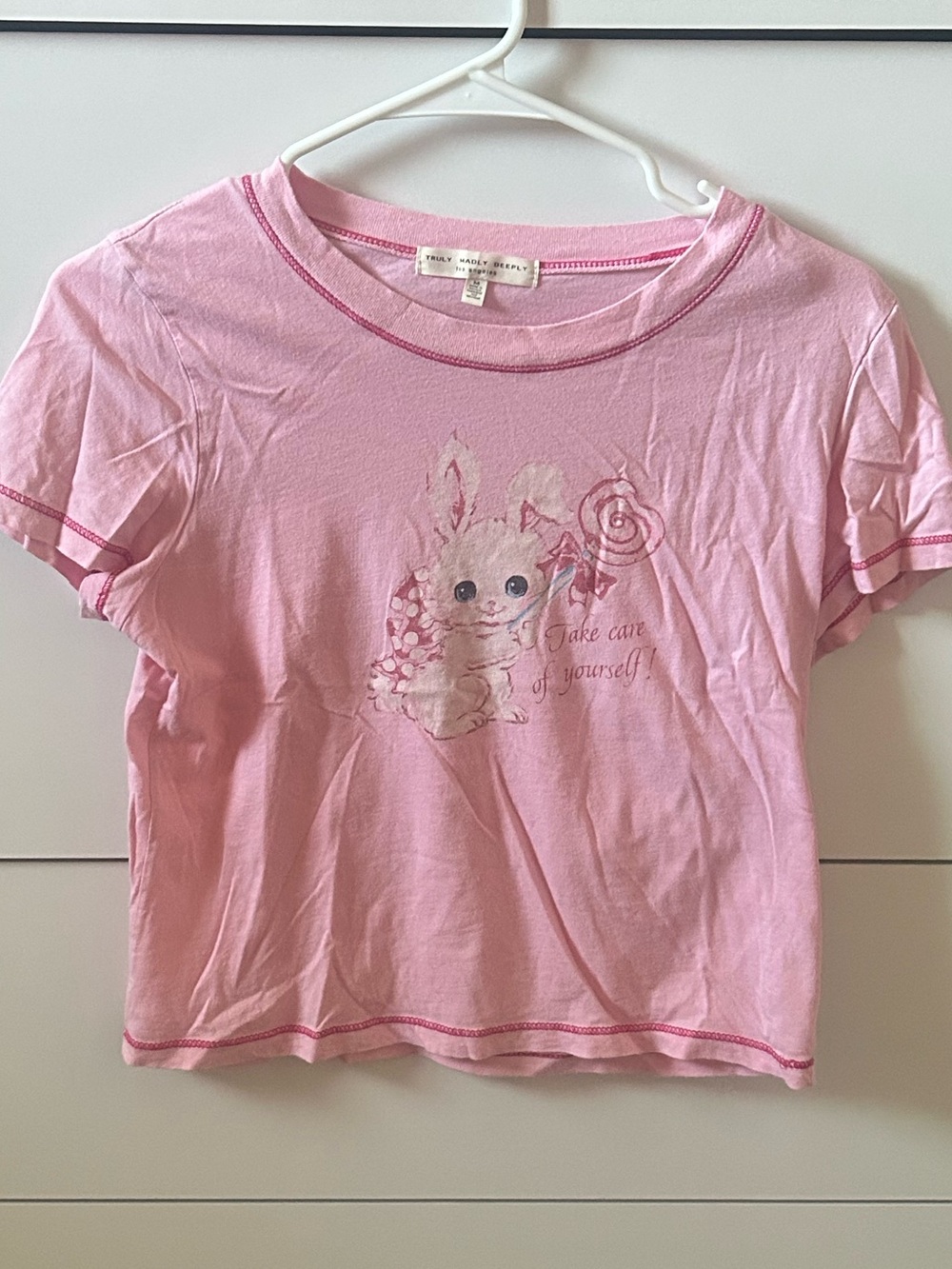Truly Madly Deeply Light Pink Short Sleeve Tee with Kitten Graphic